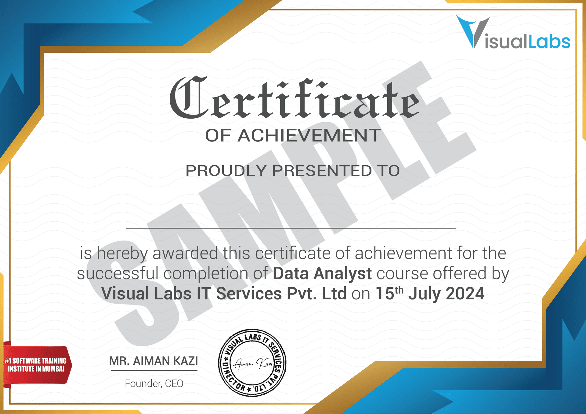 Visual Labs course completion certificate